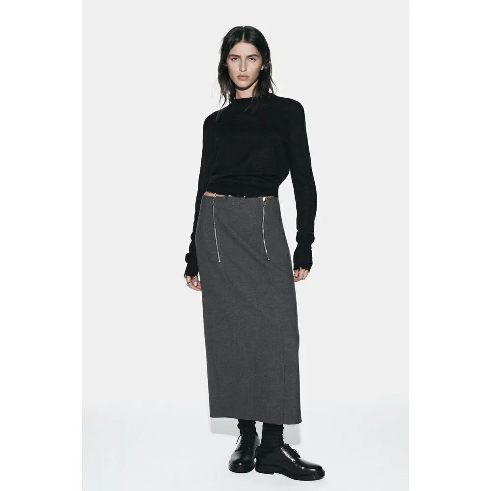 ZARA Pencil Skirt XS Gray Front Zippers Back Slit Midi